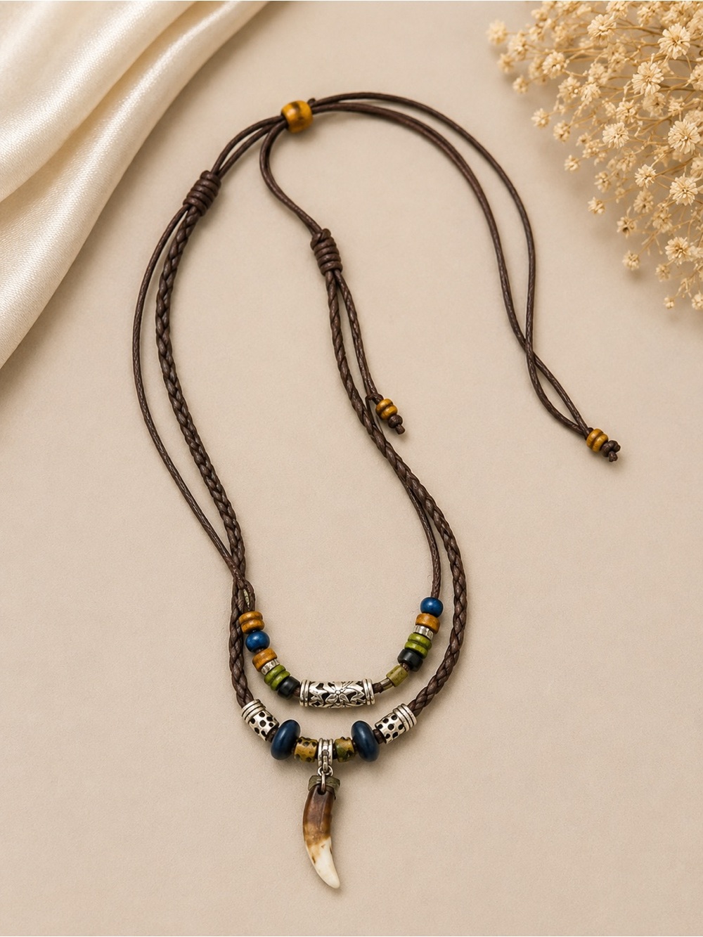 Boho Brown Leather Multi-Bead Necklace with Horn Pendant